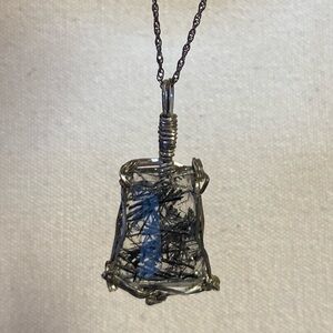 Gothic style Sterling Silver Wire Wrapped Black Rutile Crystal Pendant Necklace